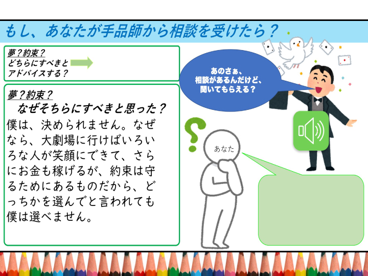 手品師から相談を受けるという場面を想起する。(2)