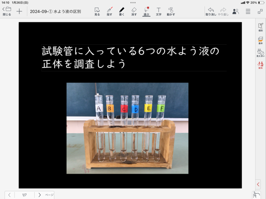 「試験管に入っている6つの水溶液の正体を調査する」という課題を知る。