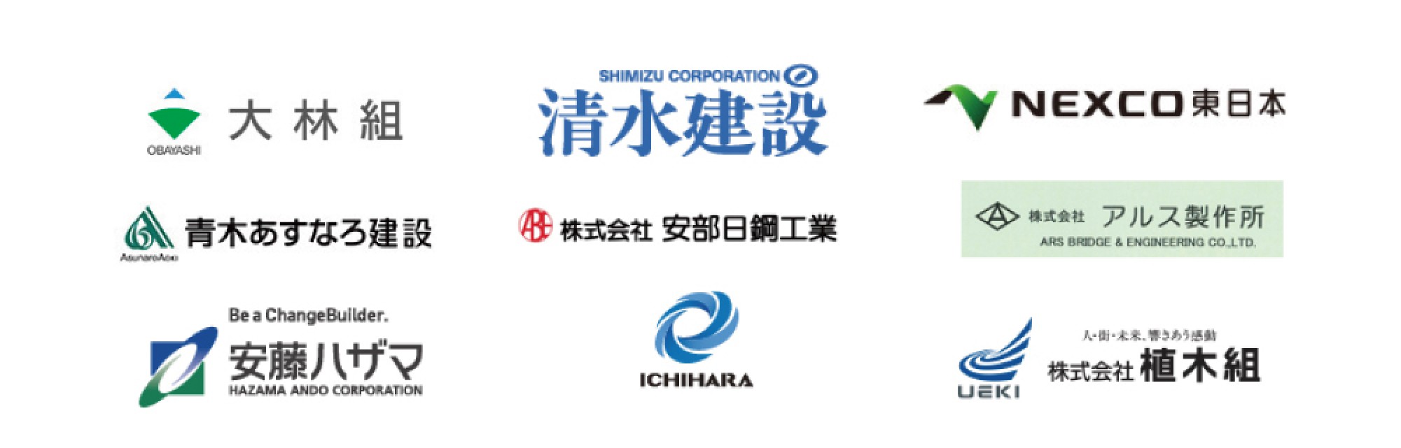 ご契約企業：株式会社大林組、清水建設株式会社、東日本高速道路株式会社（NEXCO東日本）、青木あすなろ建設株式会社、株式会社安部日鋼工業、株式会社アルス製作所、安藤ハザマ株式会社、株式会社市原、株式会社植木組のロゴ