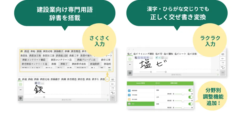 建設業向け専門用語辞書を搭載 さくさく入力 漢字・ひらがな交じりでも正しく交ぜ書き変換 ラクラク入力 分野別調整機能追加!