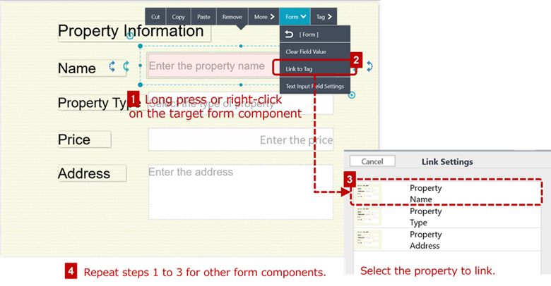 Figure 4-5 Steps to Link Form Components to Tag Properties