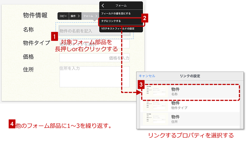 図4-5 フォーム部品とタグプロパティをリンクする手順